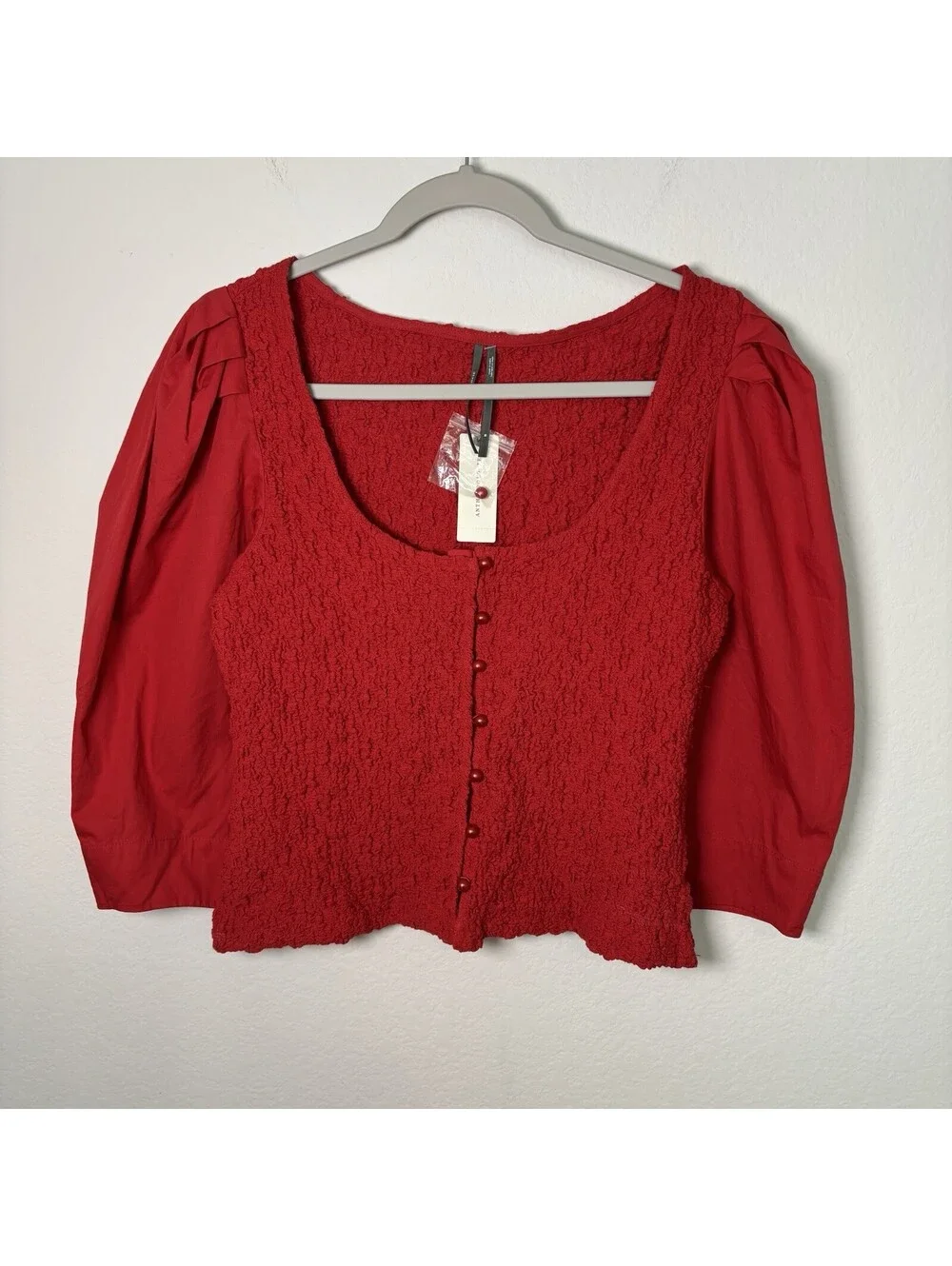 NWT By Anthropologie Smocked Blouse Cherry Red Womens Size Medium Preppy Buttons